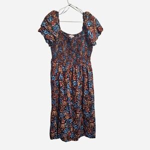 Size L a.n.a Smocked Floral Midi Dress with Puff Sleeves